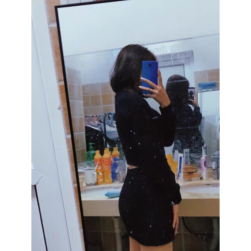 Váy đầm len ôm body tay phồng dài hở eo lưng sexy quyến rũ ulzzang 2023