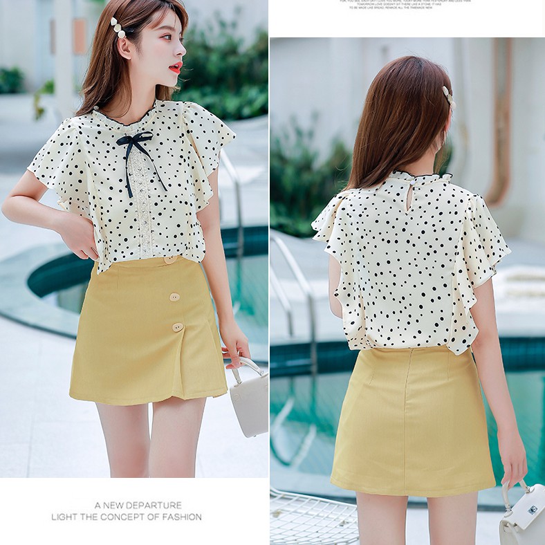 Áo Voan Ngắn Tay Họa Tiết Chấm Bi Xinh Xắn Dành Cho Nữ