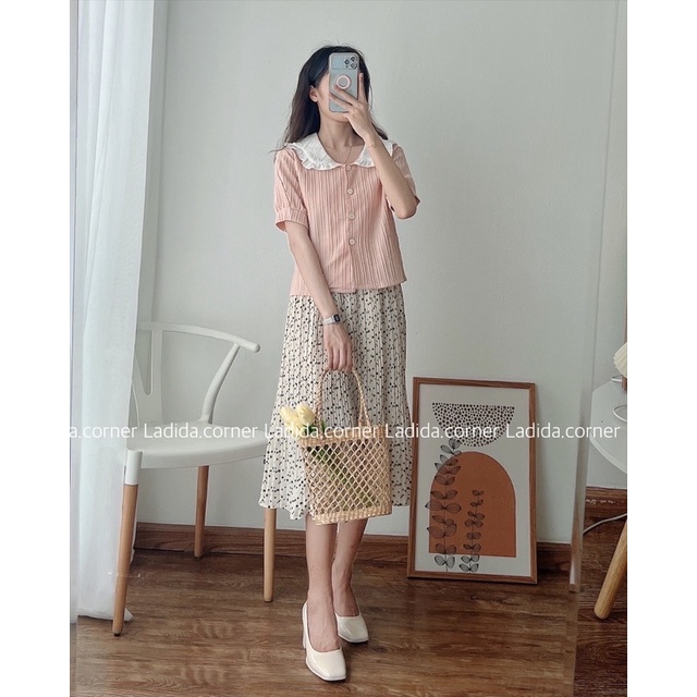 áo sơ mi hồng chân váy hoa vintage ladida