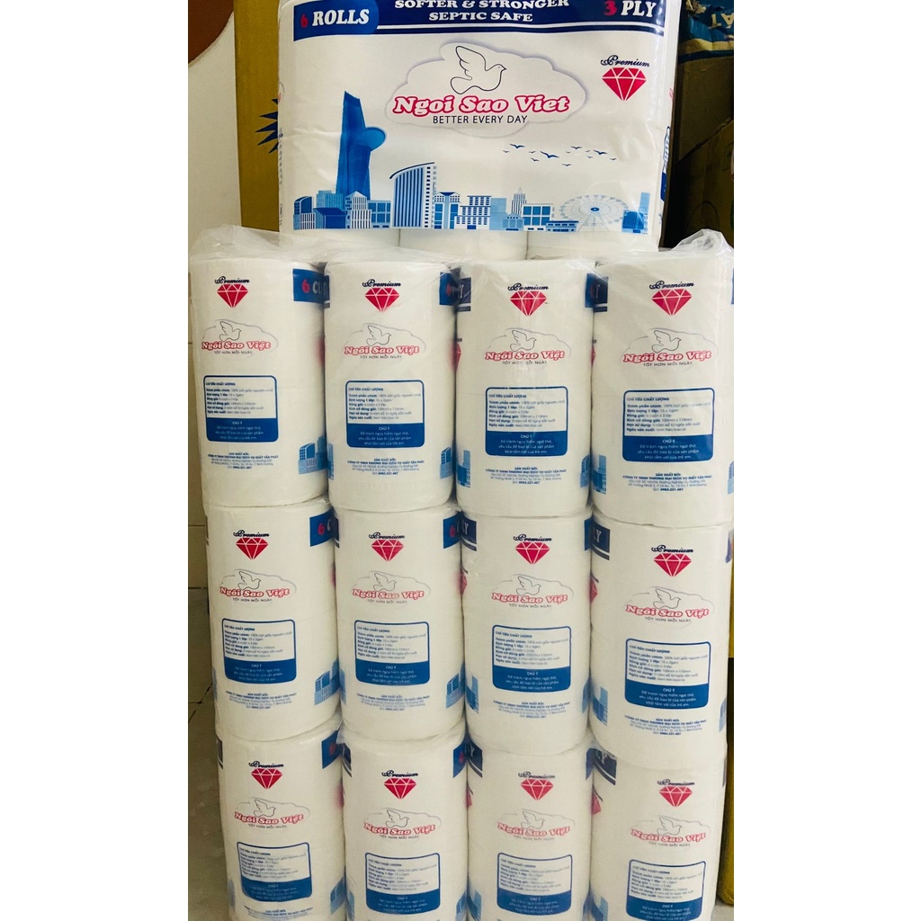 1 LỐC 6 CUÔN GIẤY VỆ SINH CAO CẤP, 3 LỚP không lõi, làm từ BỘT GIẤY NGUYÊN CHẤT không pha, không tái chế, HÀNG LOẠI 1
