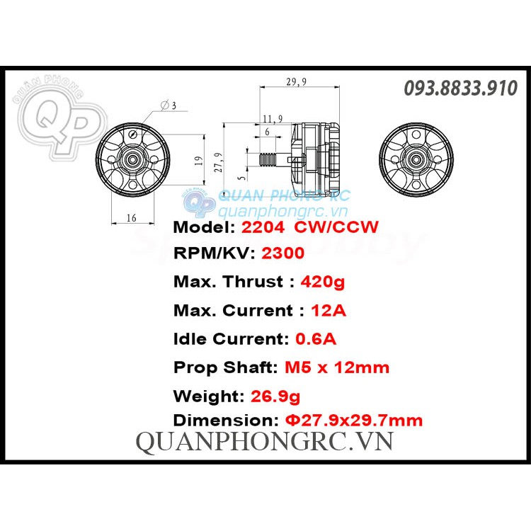 mô tơ SparkHobby 2204 2300KV Brushless Motor