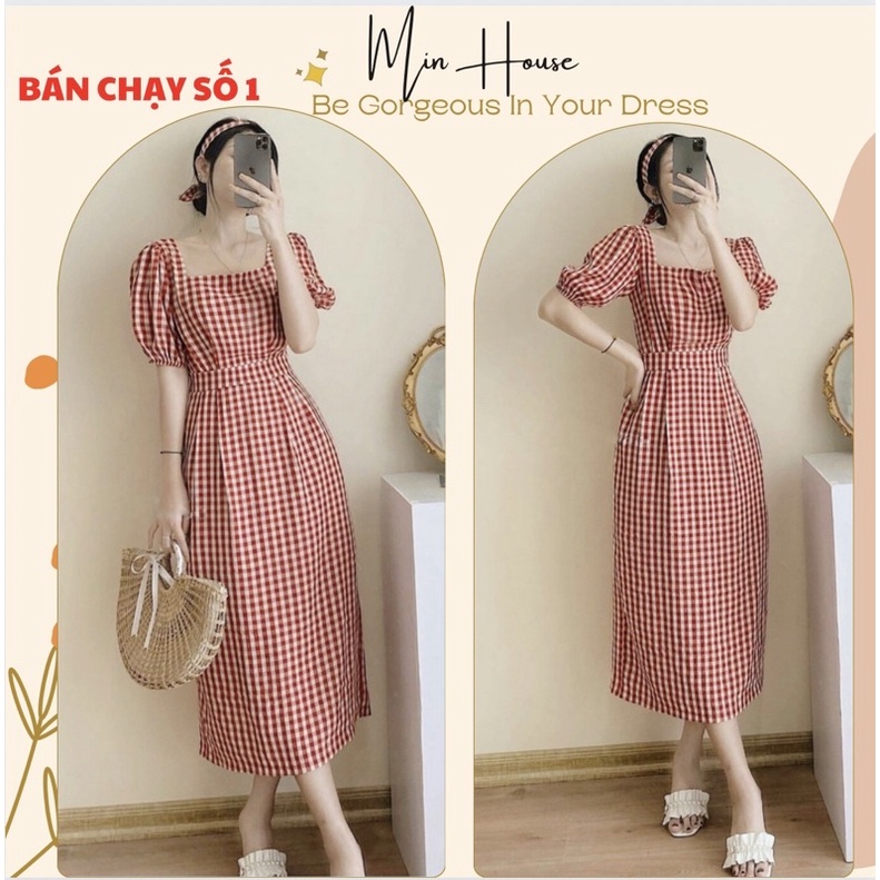 váy caro đỏ dáng dài vintage dự tiệc du lịch hè siêu xinh-Hàng cao cấp-đầm maxi du lịch