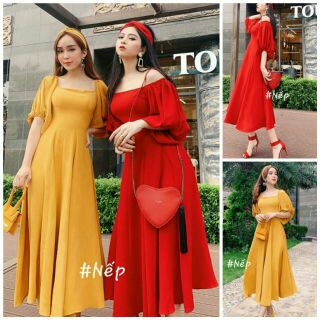 (TOP BÁN CHẠY) VÁY MAXI CỔ VUÔNG TAY BỒNG KÈM TURBAN/ VÁY XÒE XẾP LI/ VÁY BOHO ULZZANG
