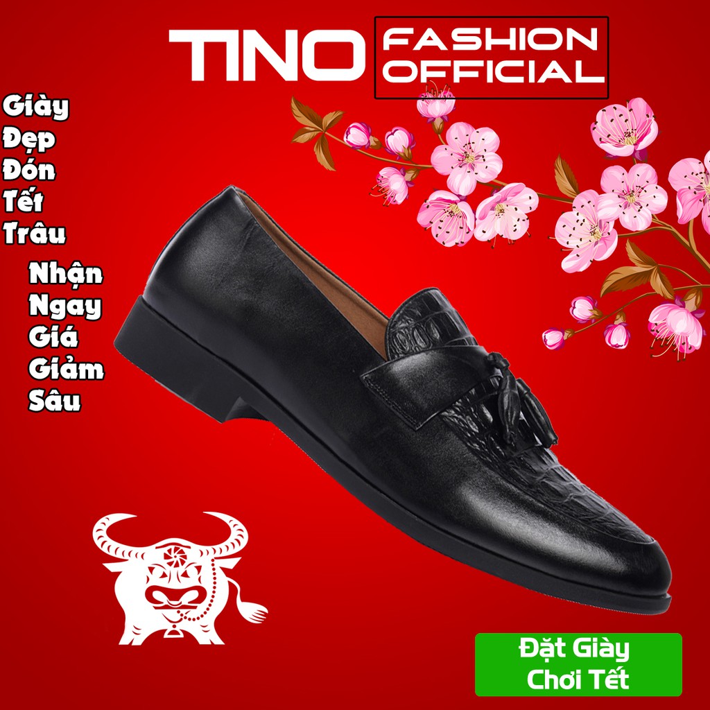 Giày lười da bò nam cao cấp Tino TN03 dáng công sở màu đen- giày da bò nam cao cấp *