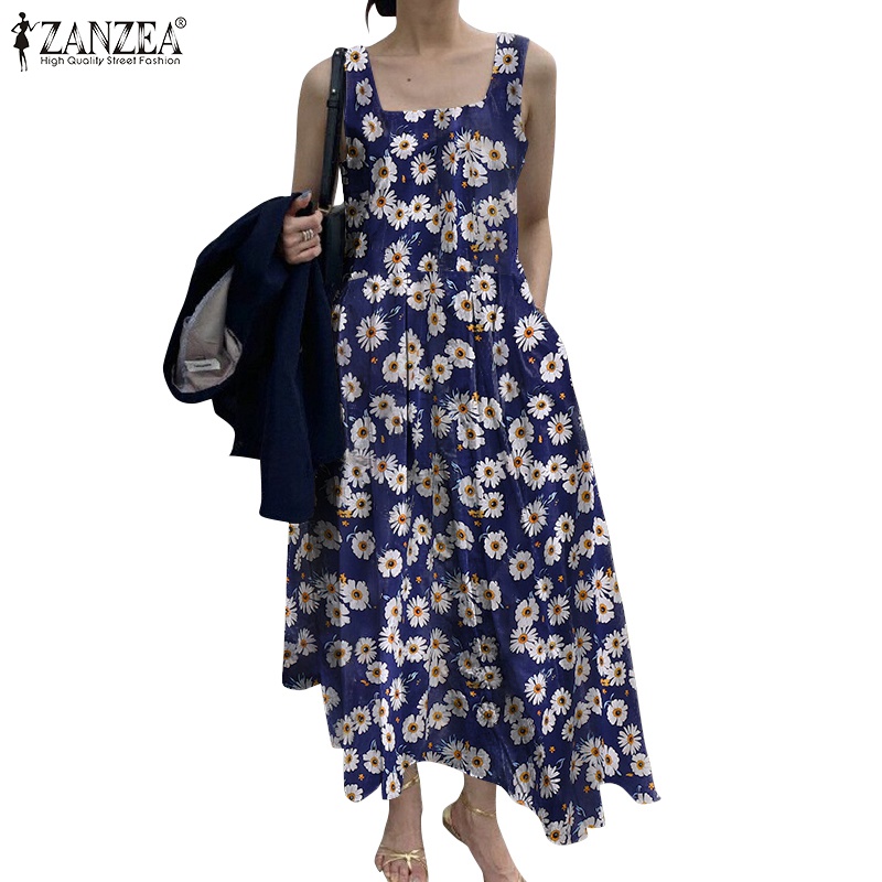 Zanzea Đầm Dài Xếp Ly Cổ Vuông Không Tay Thời Trang Dành Cho Nữ