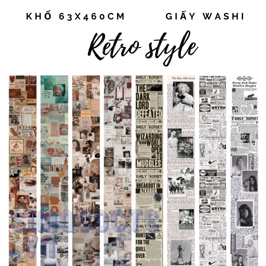 [Cuộn 50 miếng] Nhãn dán sticker thủ công trang trí phong cách retro khổ dài ST03