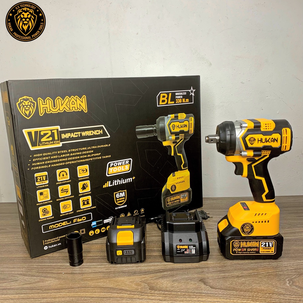 Máy siết bulong HUKAN F60 lực siết 330NM Đầu 2 Trong 1 Không Thổi Than