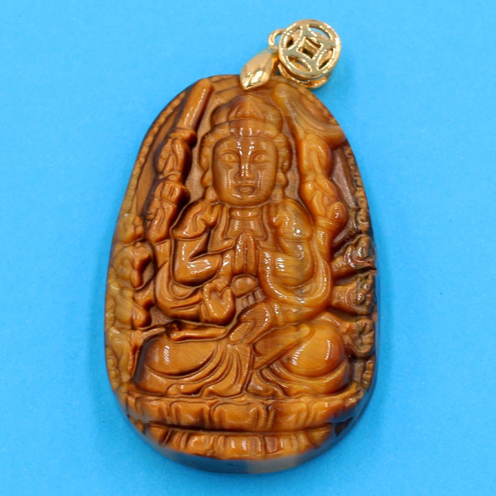 Mặt Phật Quan Âm Nghìn Mắt Nghìn Tay đá tự nhiên nâu 5cm - Phật bản mệnh tuổi Tý - Mặt size lớn - Tặng kèm móc inox