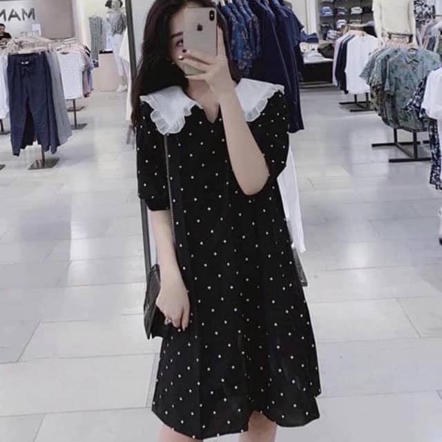 Váy Bầu Đầm Bầu Mùa Hè Chấm Bi Cổ Sen Có Thắt Nơ Đầm Bầu Công Sở