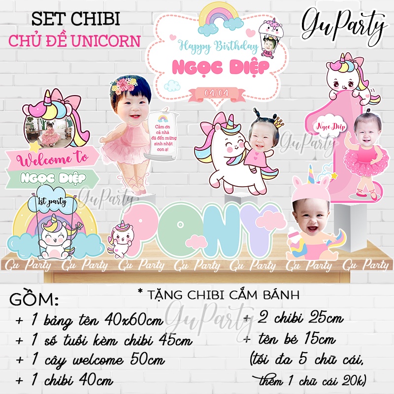 Set Chibi Sinh Nhật Cho Bé Gái Chủ Đề Unicorn
