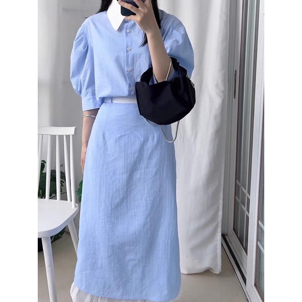 Set áo sơ mi ngắn tay chân váy midi phối bèo