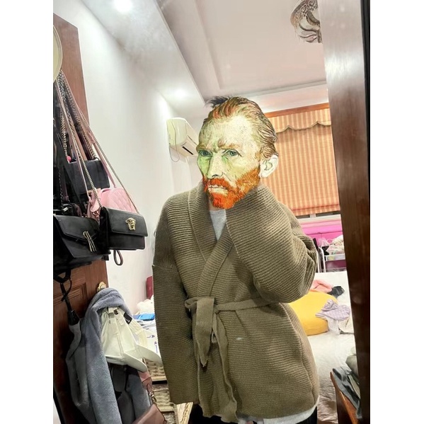 Áo khoác len suông rộng kèm đai Hàn Quốc