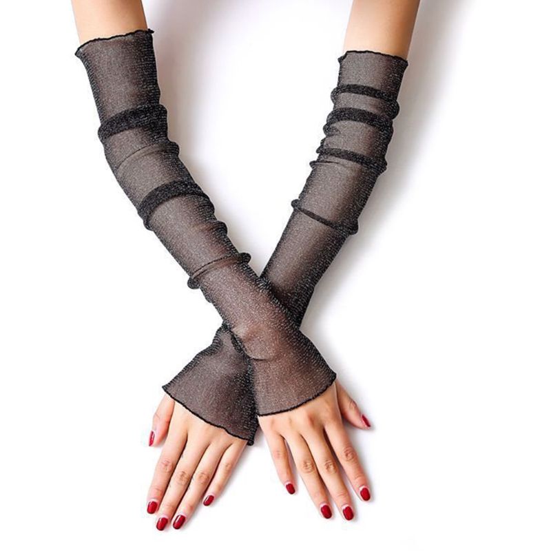 Găng tay lưới ren dài siêu mỏng nhìn thấu chống nắng UV màu trơn long lanh ánh kim cho nữ lái xe