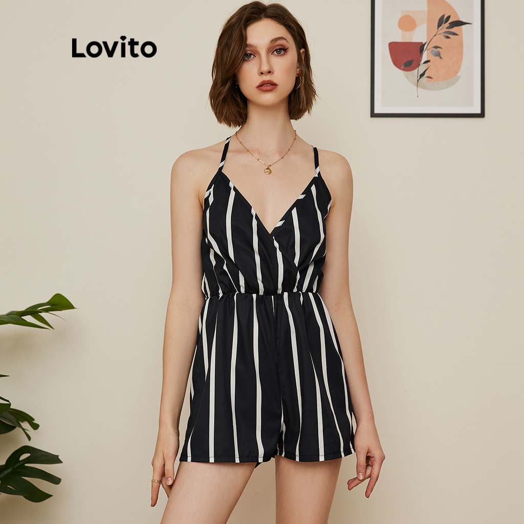 Jumpsuit Lovito hai dây mảnh kẻ sọc phong cách đi học L19D081 (Đen & Trắng)