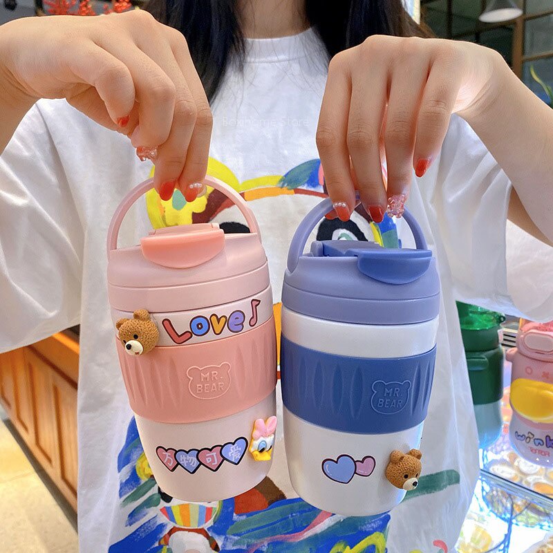 Bình Nước Giữ Nhiệt Bằng Thép Không Gỉ Có Ống Hút Hình Gấu Dễ Thương Cho Bé Gái
