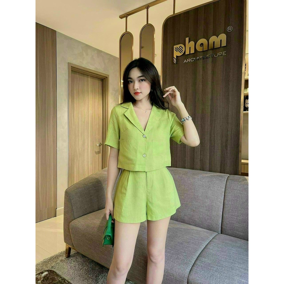 (Sale FreeShip 2022) Sét thiết kế nữ,sét phong cách hàn áo croptop cổ vest có túi phối quần chất tuyết mưa cao cấp