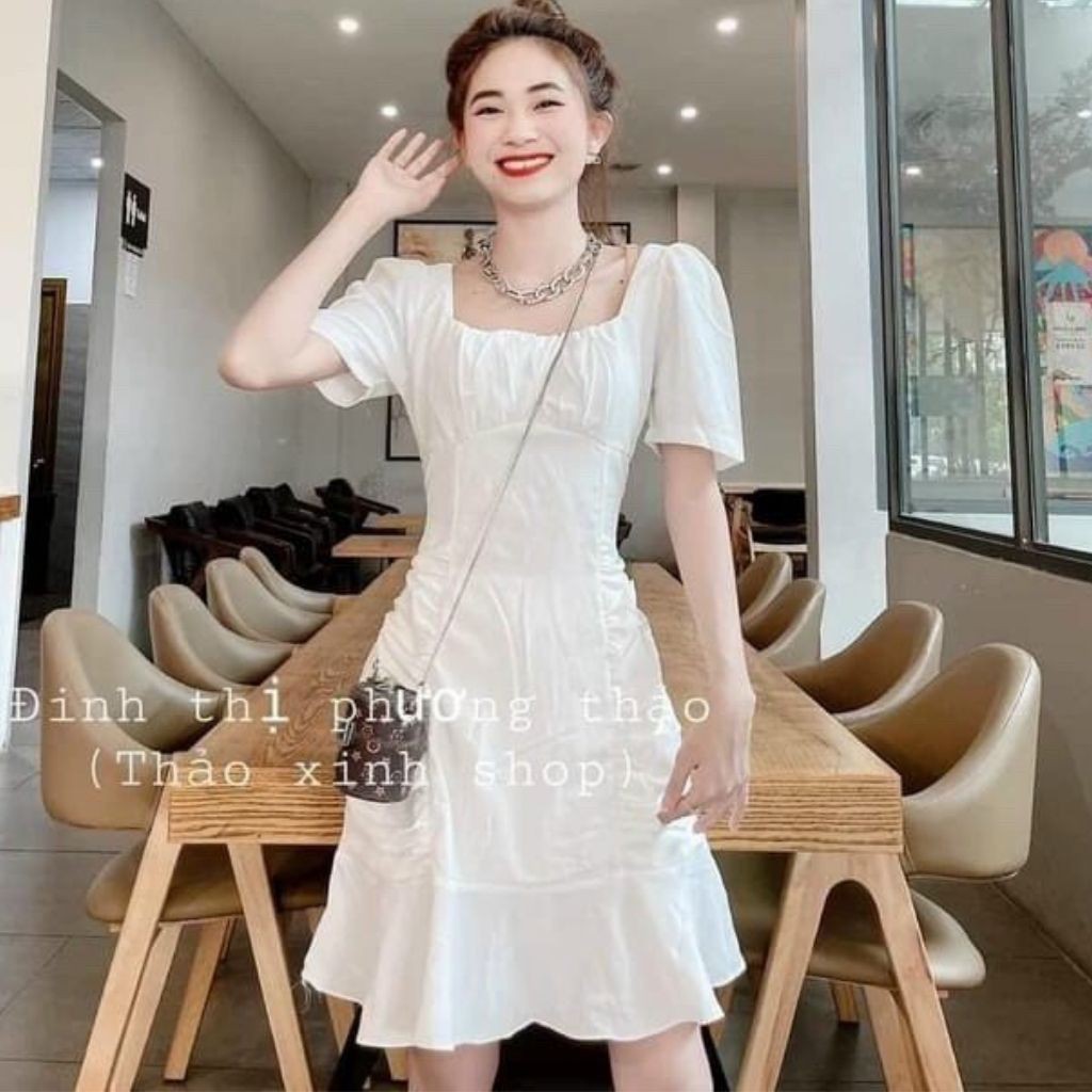 Đầm Cổ Vuông Nhún Hai Bên GenY, Váy Dáng Xoè Cổ Vuông Siêu Xinh | BigBuy360 - bigbuy360.vn