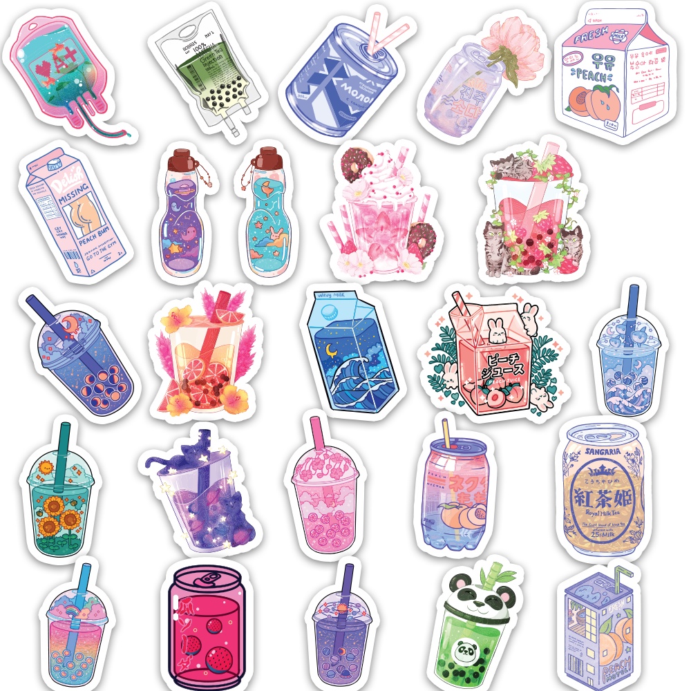 Set 50 cái Sticker Đồ Uống cute dán mũ bảo hiểm, hình dán các loại đồ uống chống nước, decal hình các loại nước uống