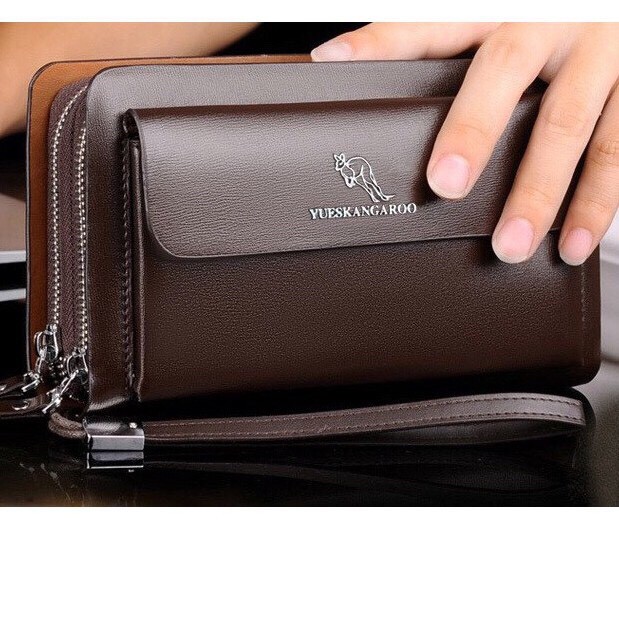 Ví bóp da cầm tay nam nữ YUEKANGAROO (Nâu-Đen) - 2 ngăn khóa | BigBuy360 - bigbuy360.vn