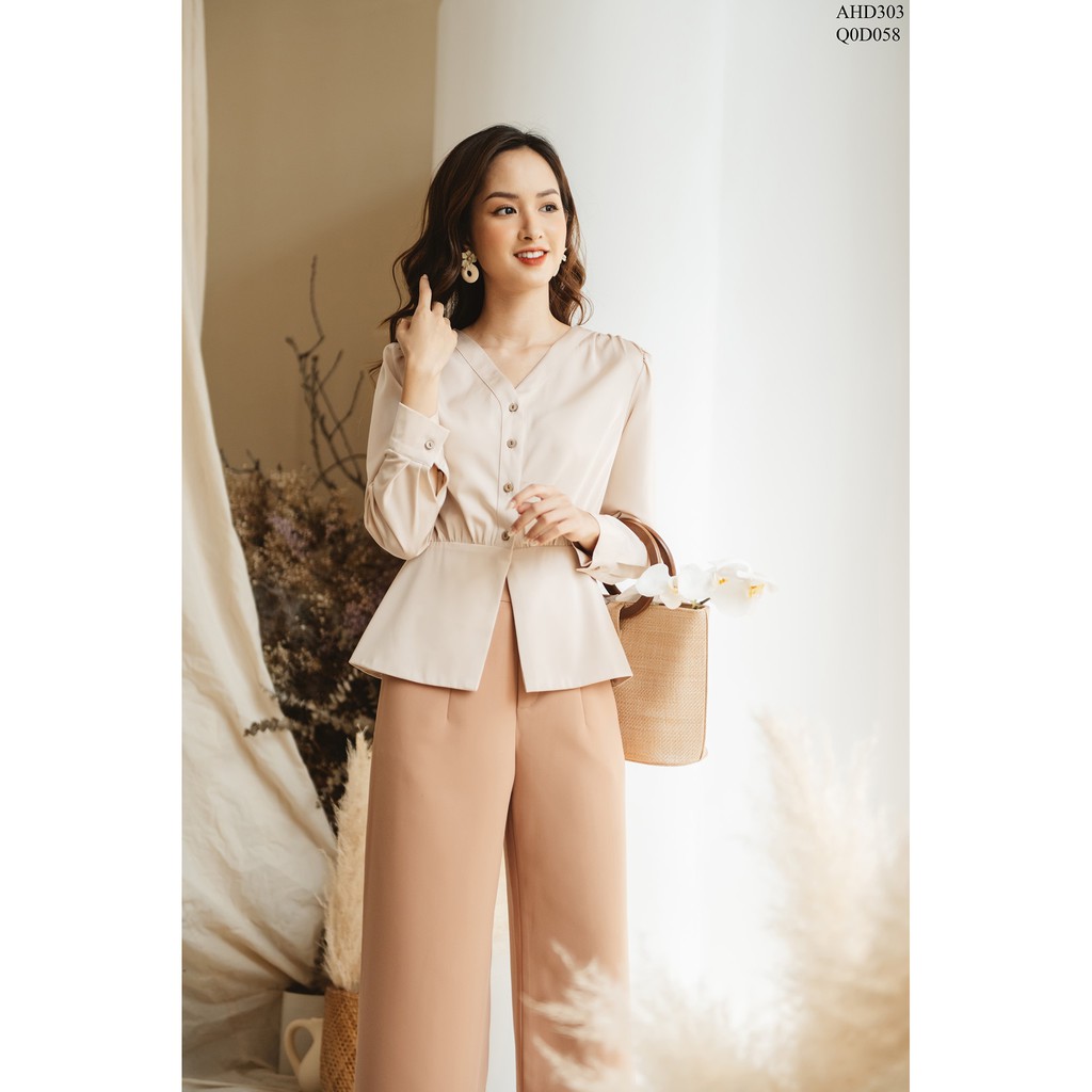 Áo cổ tim nẹp liền nhún vai peplum TIIN STORE AHD303