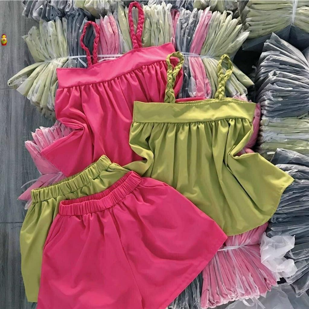 set đồ bộ nữ 2 dây thắt bím xinh quần short thoải mái
