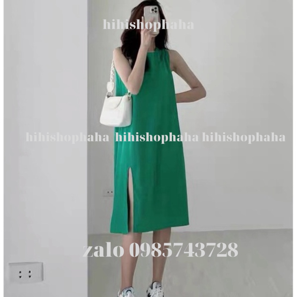 Váy sát nách vai suông dáng xoè Đầm trơn vintage dáng dài hihishophaha