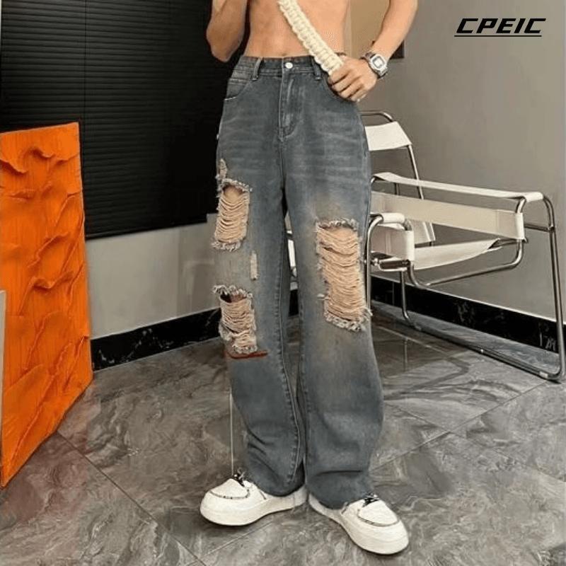 ☆Cpeic☆Quần Jeans Rách Dáng Rộng Phong Cách Thời Trang Hàn Quốc Cho Nam Giới Size S-3XL