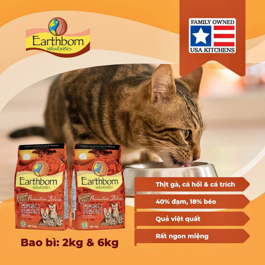 [DINH DƯỠNG CAO] 2KG THỨC ĂN HẠT CHO TẤT CẢ GIỐNG MÈO EARTHBORN HOLISTIC PRIMITIVE FELINE vị Thịt Gà &amp; Cá Trắng