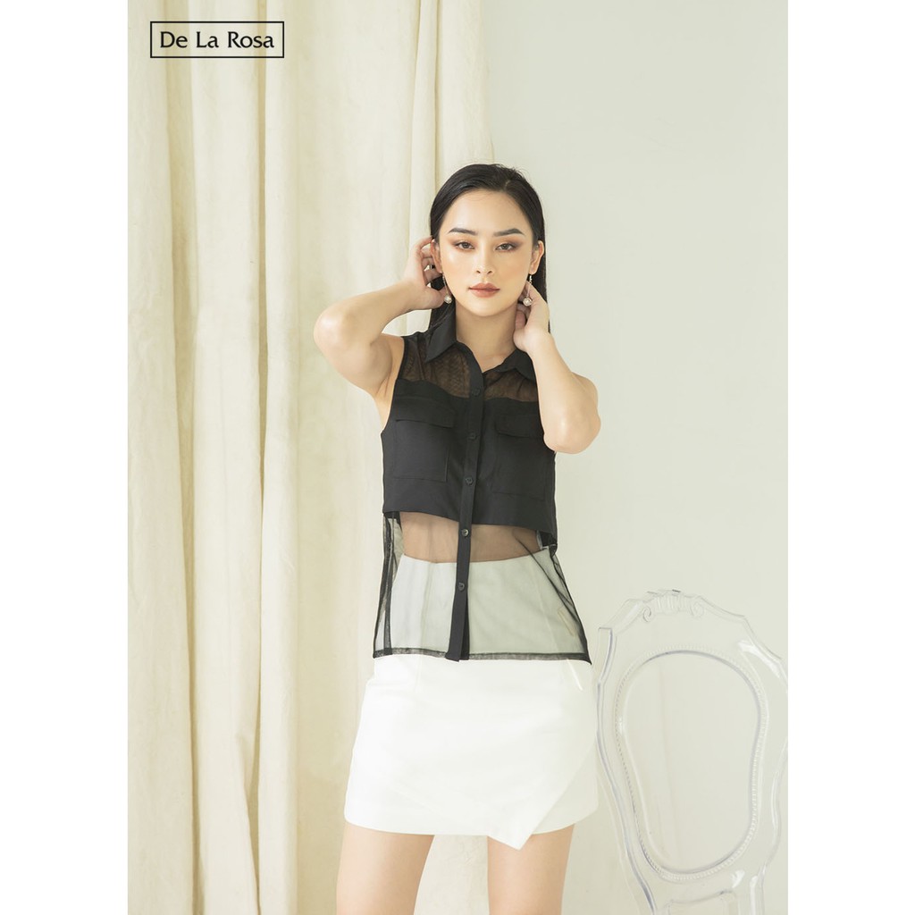 Áo sơ mi đen thiết kế phối lưới túi hộp - De La Rosa | BigBuy360 - bigbuy360.vn