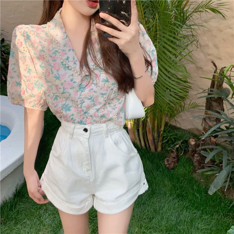 Áo Sơ Mi Tay Ngắn Phồng Đính Hạt Phong Cách Mùa Hè Pháp Dành Cho Nữ