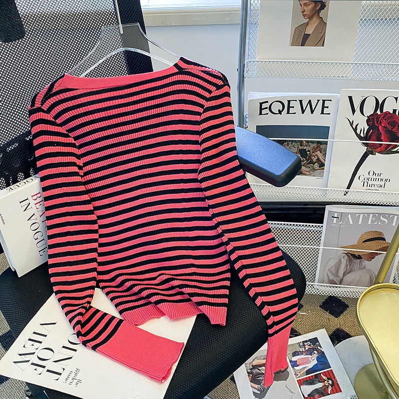 Áo Khoác Cardigan Dài Tay Cổ Chữ V Form Ôm Họa Tiết Kẻ Sọc Phong Cách Retro