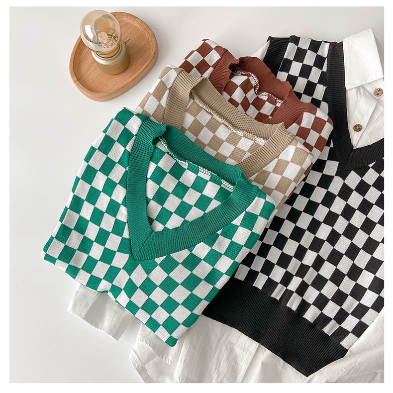 Áo len không tay cổ chữ v form rộng họa tiết sọc caro phong cách Hàn quốc