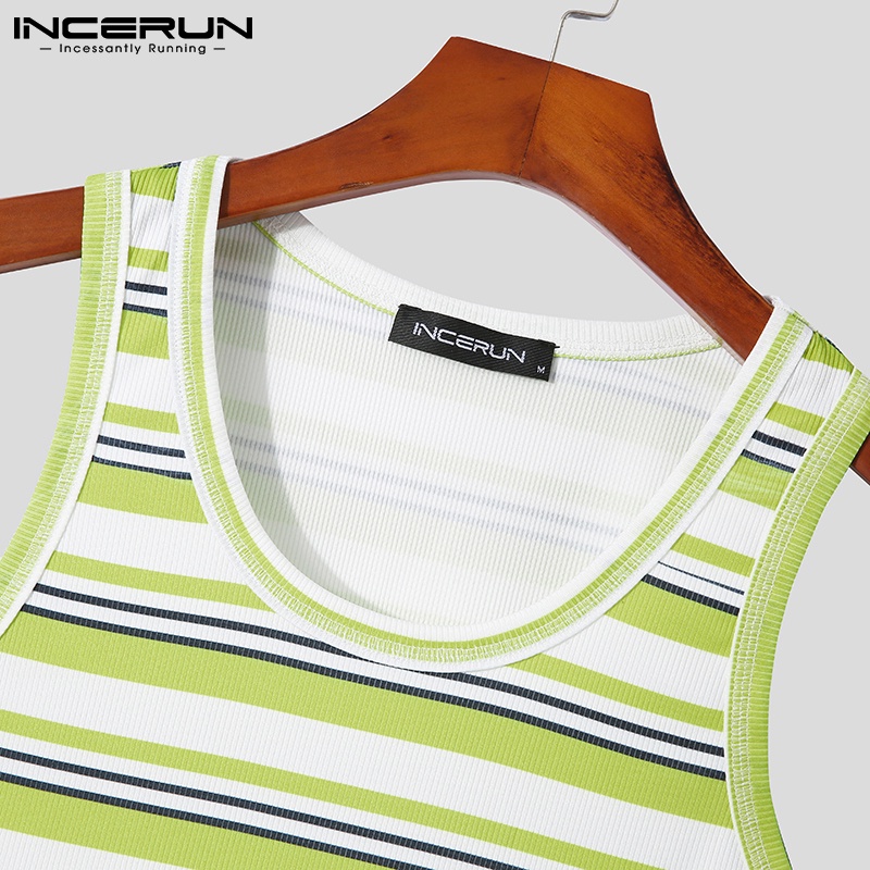 Áo thun ba lỗ INCERUN họa tiết kẻ sọc cổ tròn thời trang cho nam