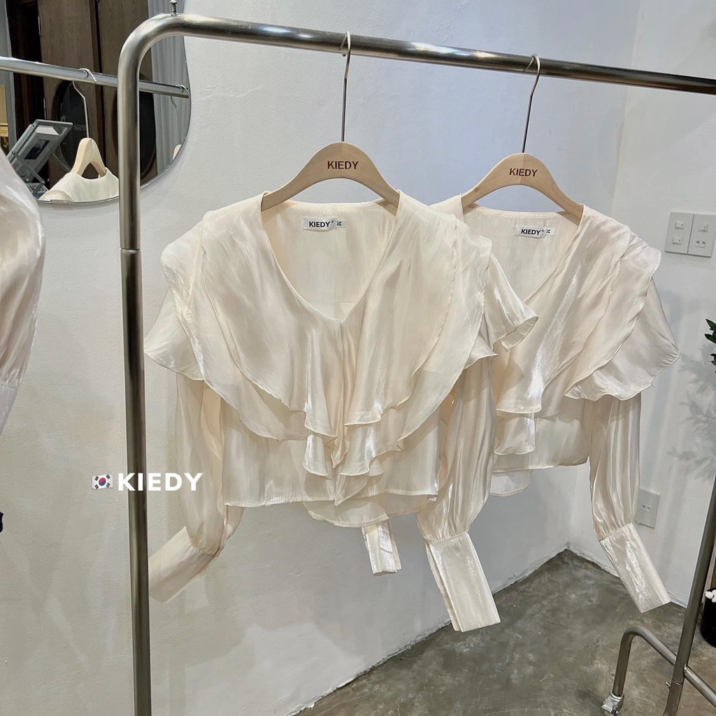 Set sơ mi bèo tầng rúm tay quần short đùi cổ sen DN600
