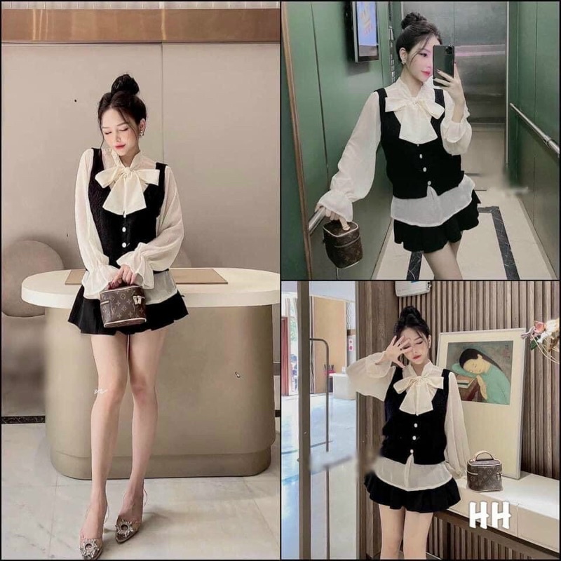 Set áo gile mix áo sơ mi nơ chất tơ óng