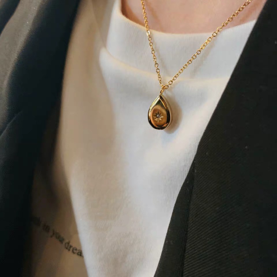 Dây chuyền dáng ngắn mạ vàng 18K phối mặt hình giọt nước / vuông đính kim cương và ngôi sao tám cánh phong cách Âu Mỹ