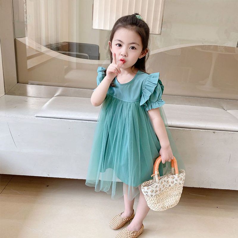 Đầm Công Chúa Tay Ngắn Phối Lưới Màu Trơn Thời Trang Mùa Hè Se7en Cho Bé Gái