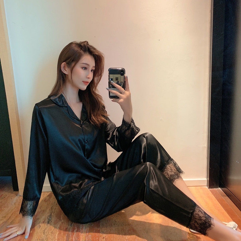 Bộ đồ ngủ tay dài dáng rộng phối ren thời trang quyến rũ cho nữ