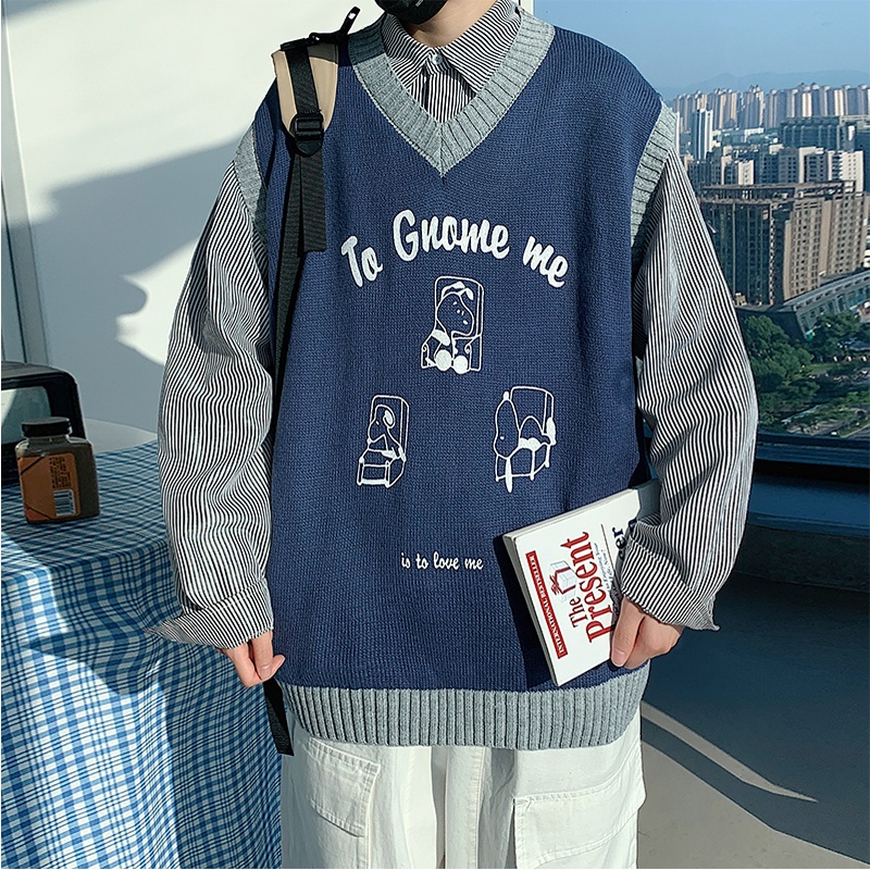Áo sweater dệt kim không tay cổ chữ v dáng rộng phối màu tương phản cá tính thời trang cho nam