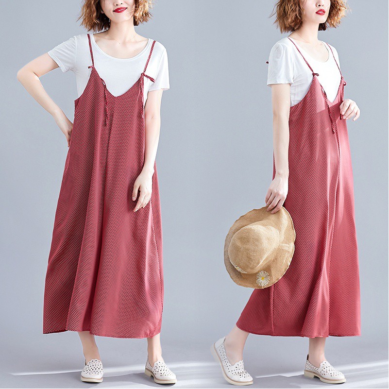 [ORDER] Quần yếm nữ bigsize ống rộng đỏ chấm bi trẻ trung (fit 70kg)