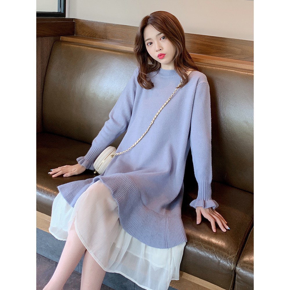 Đầm len dệt kim dáng dài xoè chân voan thả sức dịu dàng