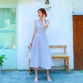 Đầm sọc xanh bo eo (kèm hình thật)