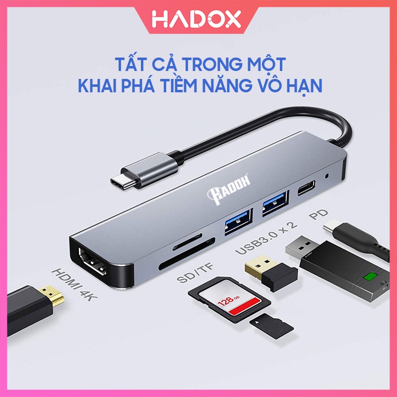 Hub Type C 6in1 - Cổng chuyển đổi HUB USB Type-C to HDMI, USB 3.0, SD, TF, PD Type-C cho Laptop, Macbook, iPad