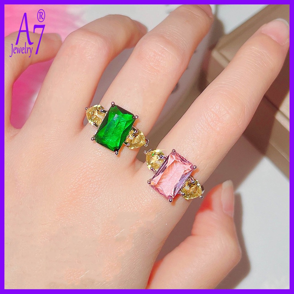 Nhẫn Đính Đá A7 Màu Hồng/Xanh Ngọc Lục Bảo/Vàng/Hồng Hình Vuông Đính Đá Zircon Màu Xanh Dương/Hồng Cho Nữ