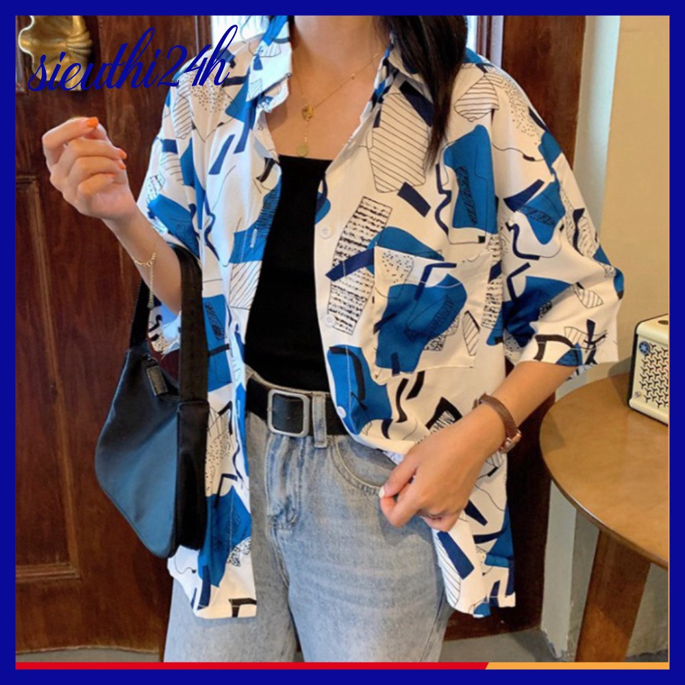 Áo sơ mi nữ form rộng tay lỡ, in Ô Vuông Xanh Trắng, dáng ulzzang mặc cặp, nhóm trẻ trung, sành điệu SMH.41
