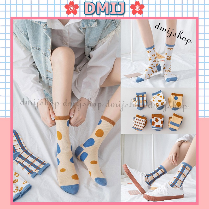 Tất nữ cổ cao phong cách vintage hàn quốc họa tiết bánh quy