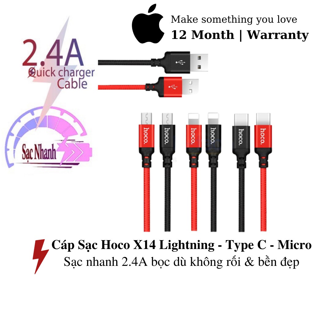 Hoco - Cáp sạc nhanh dây dù Hoco X14 - Dây Sạc IPhone/Ipad/Androi/TypeC Chính Hãng 1M/2M