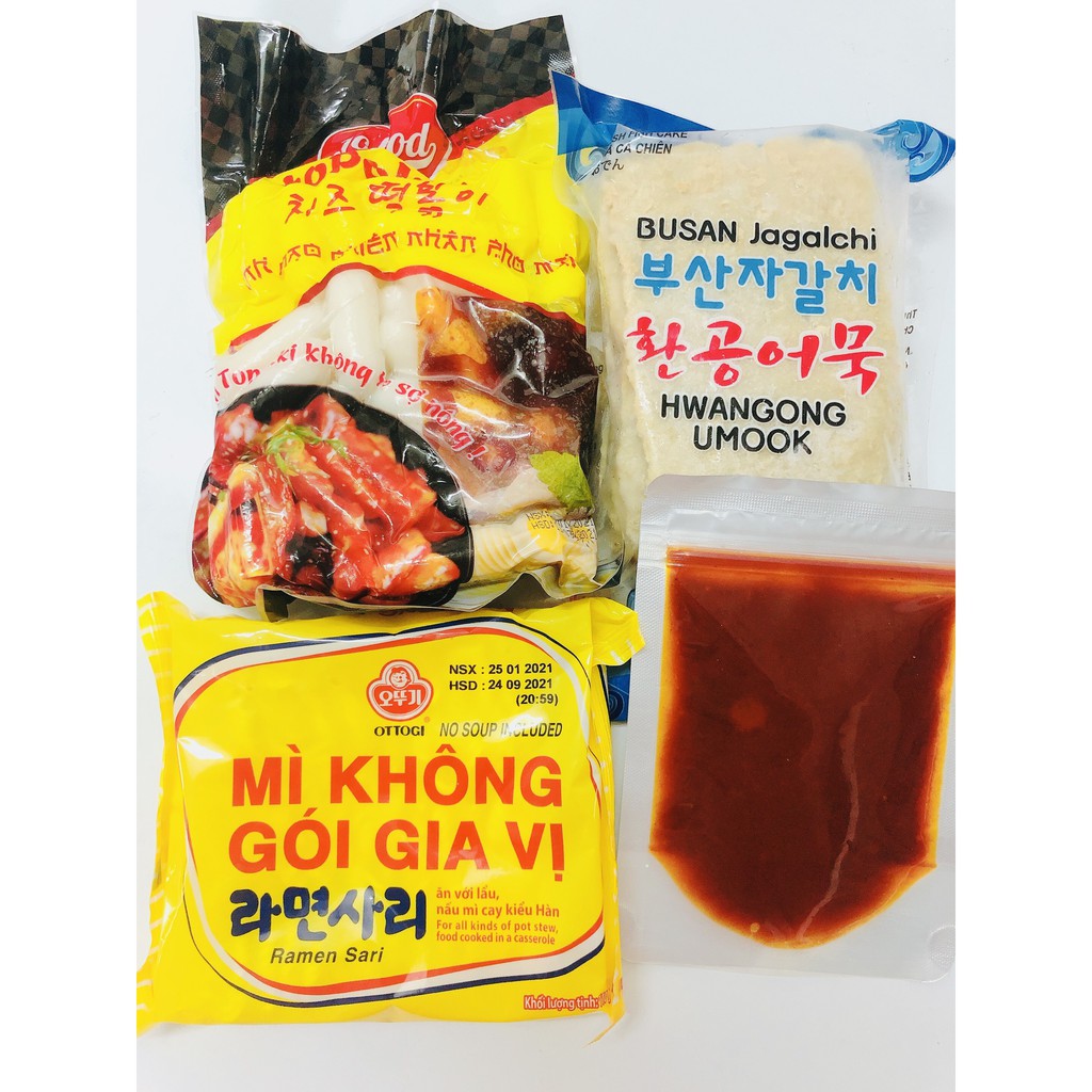 Combo 500g T0P0KKI PHÔ MAI Jofood + 450G CHẢ CÁ HÀN QUỐC+ 100G SỐT + 1 GÓI MÌ 110G
