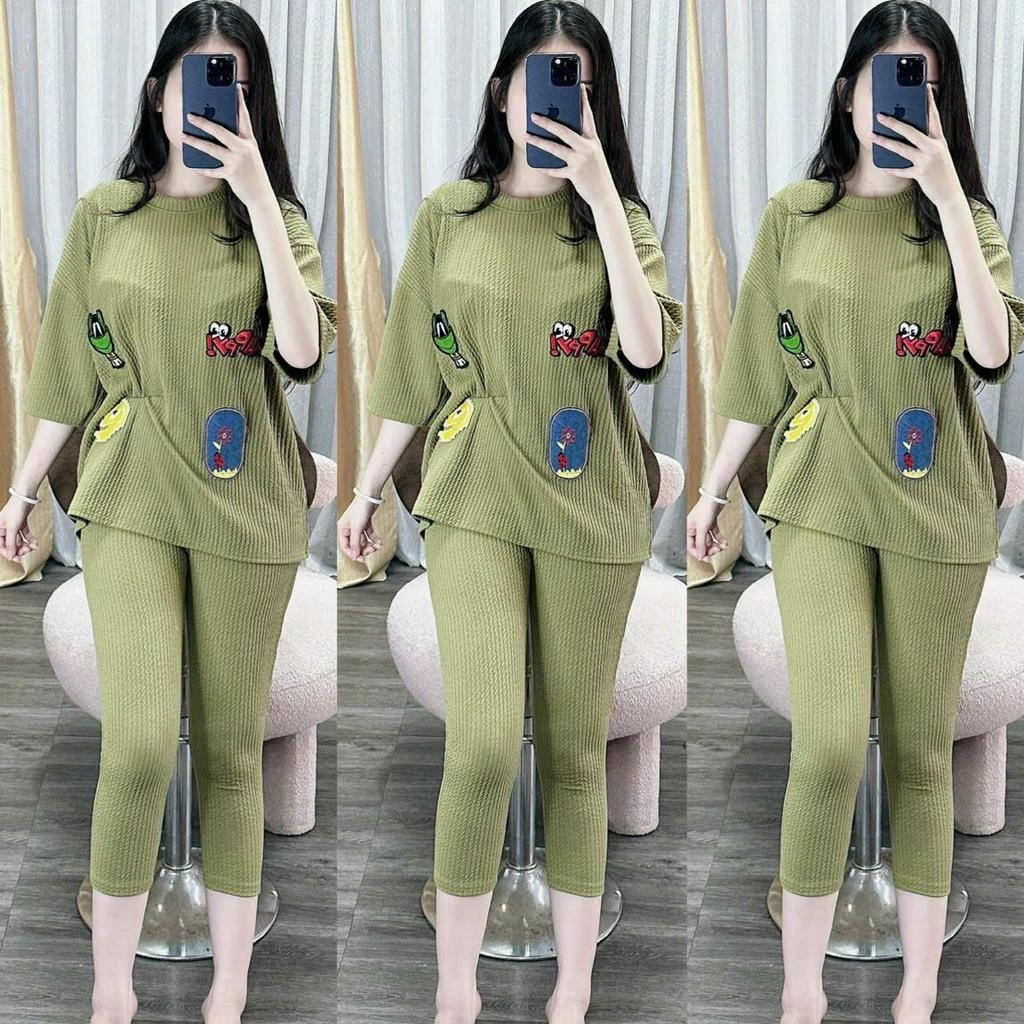 Set bộ thun xốp nhật áo phông thêu họa tiết mix quần ngố lửng có túi siêu đơn giản, mặc đi chơi, ở nhà siêu thoải máxinh