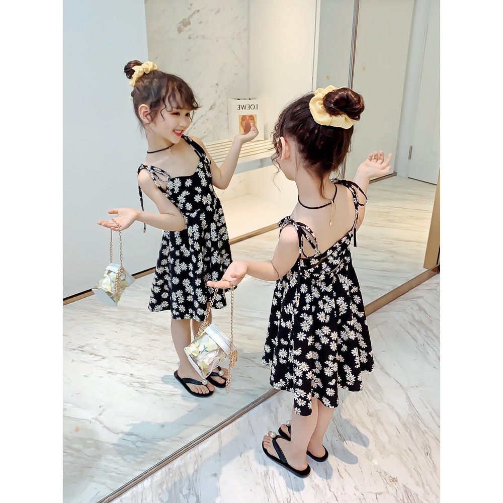 Baby Girls Dress Summer Korean lovely two-wire chrysanthemum flower pattern backless Dresses